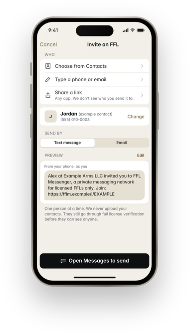 Invite screen for sending another shop an invite by text or email.