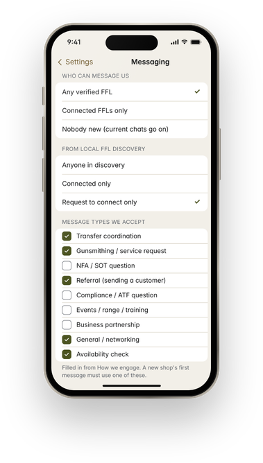 Messaging permissions screen where a shop chooses who can send it a first message.
