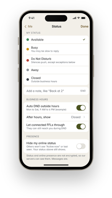 Status picker in FFL Messenger with Available, Busy, Do Not Disturb, Away and Closed options.