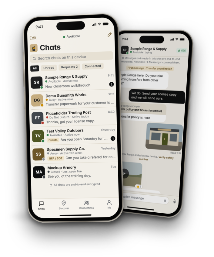 FFL Messenger on two iPhones: the Chats inbox with messages from other shops, and an open message thread.